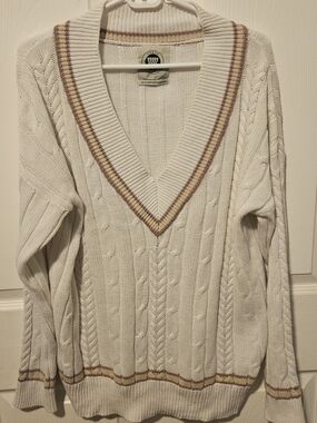 Urban Outfitters Varsity Cable Knit V-neck Sweater Women's SzM Cream Pink Preppy